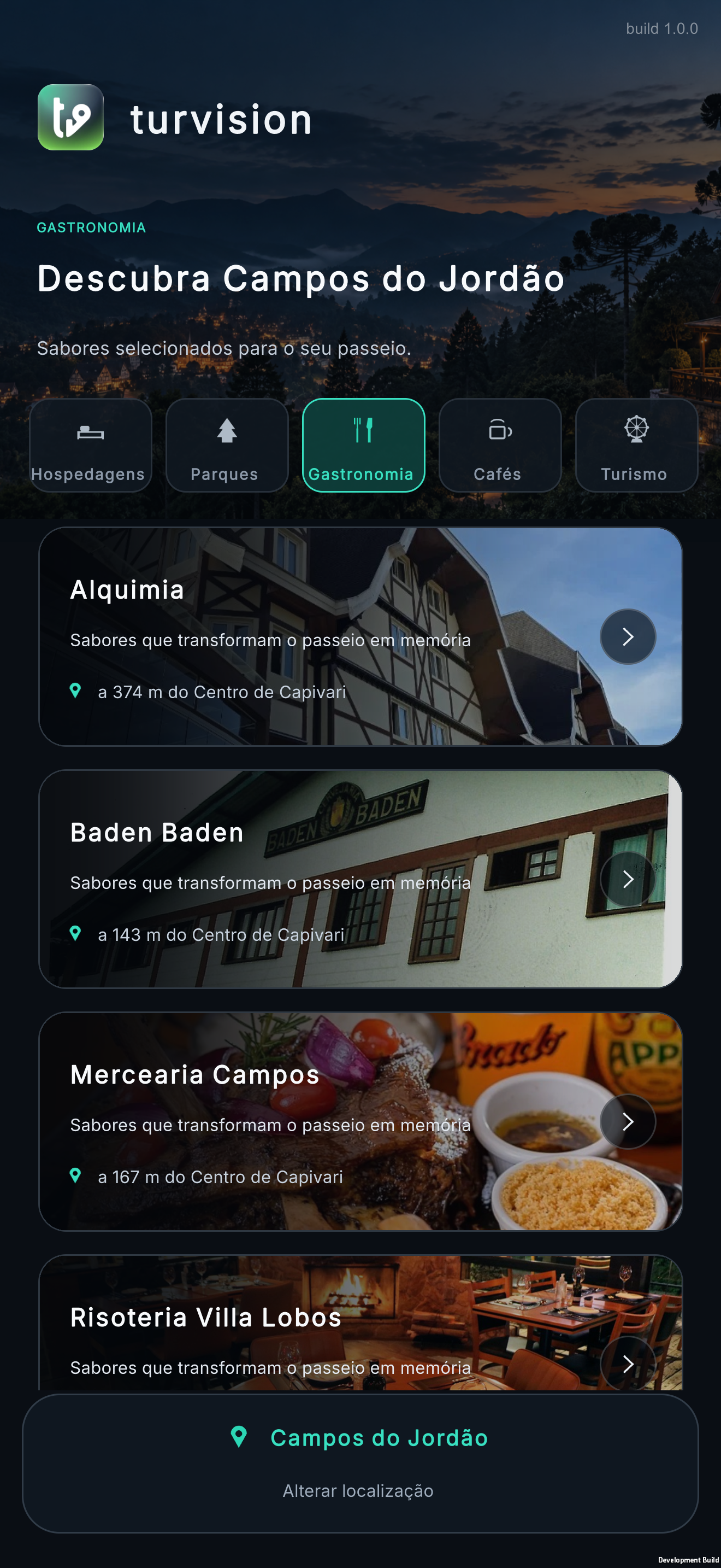 Tela de gastronomia no aplicativo Turvision